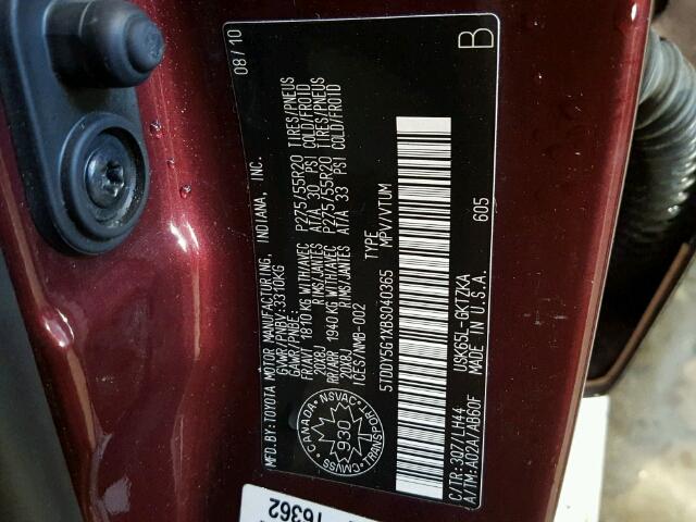 5TDDY5G1XBS040365 - 2011 TOYOTA SEQUOIA PL RED photo 10