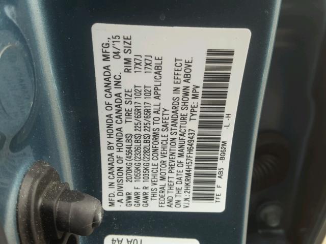 2HKRM4H57FH649437 - 2015 HONDA CR-V EX TEAL photo 10