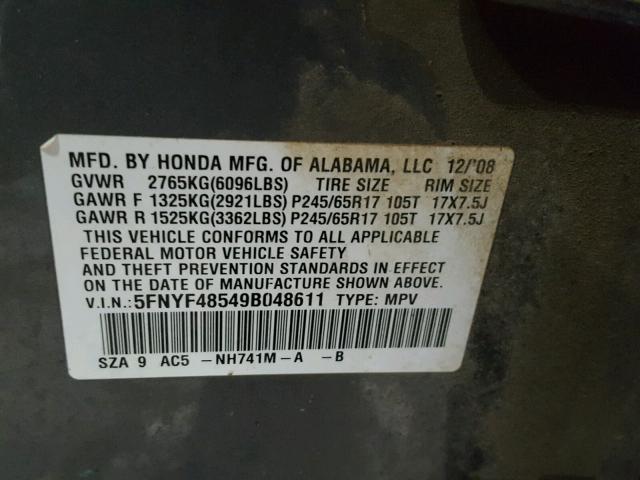 5FNYF48549B048611 - 2009 HONDA PILOT EXL GRAY photo 10