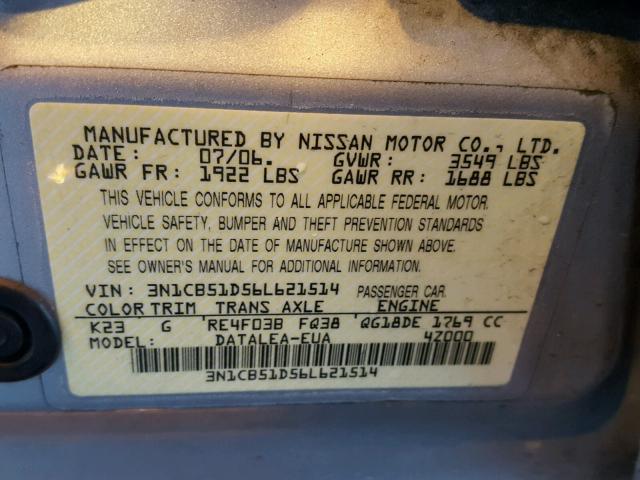 3N1CB51D56L621514 - 2006 NISSAN SENTRA 1.8 SILVER photo 10