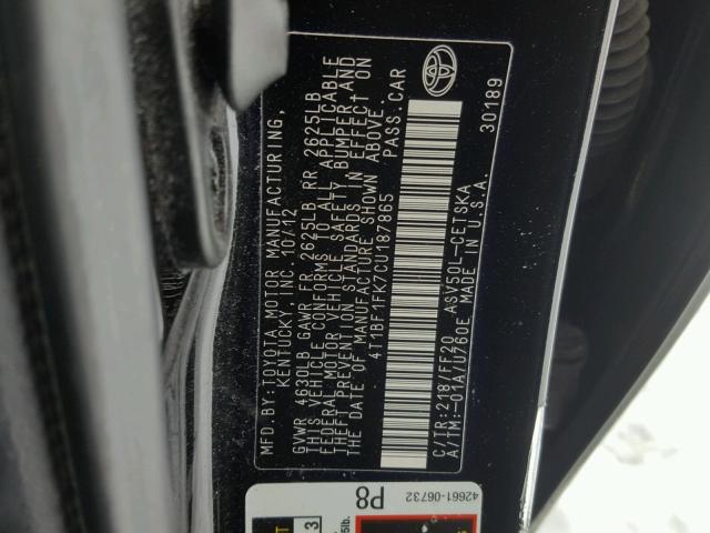 4T1BF1FK7CU187865 - 2012 TOYOTA CAMRY BASE BLACK photo 10