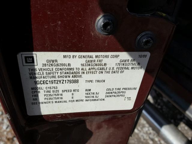 1GCEC19T2YZ179388 - 2000 CHEVROLET SILVERADO MAROON photo 10