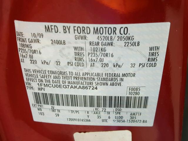 1FMCU0EG7AKA86724 - 2010 FORD ESCAPE LIM RED photo 10