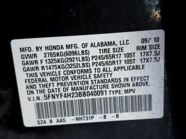 5FNYF4H23BB040091 - 2011 HONDA PILOT LX BLACK photo 10