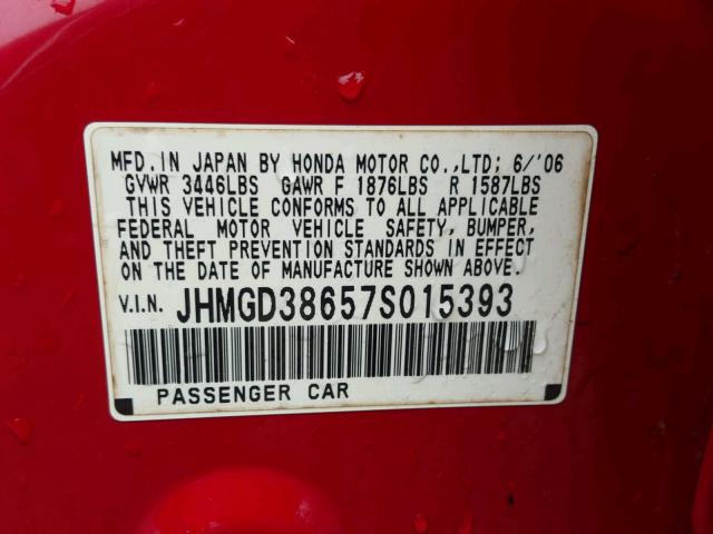 JHMGD38657S015393 - 2007 HONDA FIT S RED photo 10