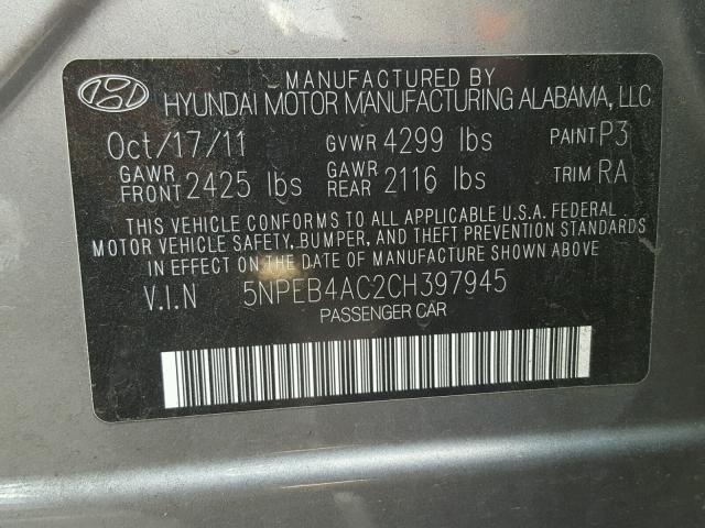 5NPEB4AC2CH397945 - 2012 HYUNDAI SONATA GLS CHARCOAL photo 10