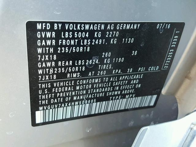 WVGUV7AX4HW506605 - 2017 VOLKSWAGEN TIGUAN SPO GRAY photo 10