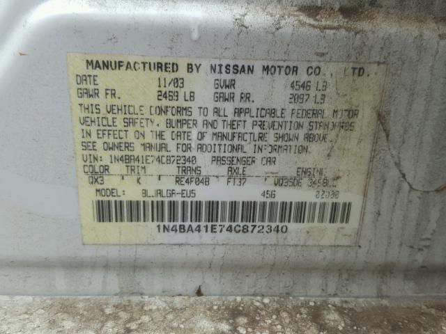 1N4BA41E74C872340 - 2004 NISSAN MAXIMA SE WHITE photo 10