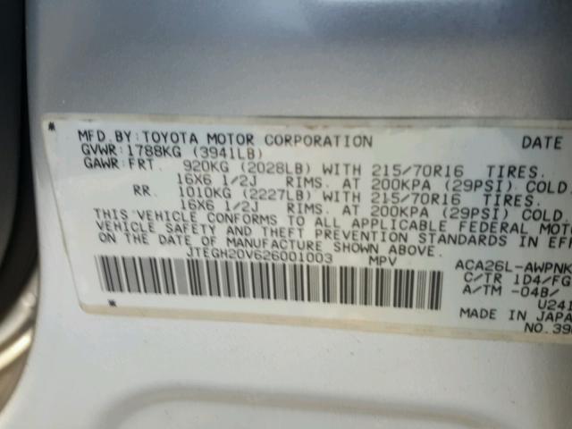 JTEGH20V626001003 - 2002 TOYOTA RAV4 SILVER photo 10