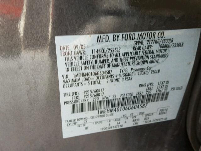 1MEHM40106G604587 - 2006 MERCURY MONTEGO LU CHARCOAL photo 10