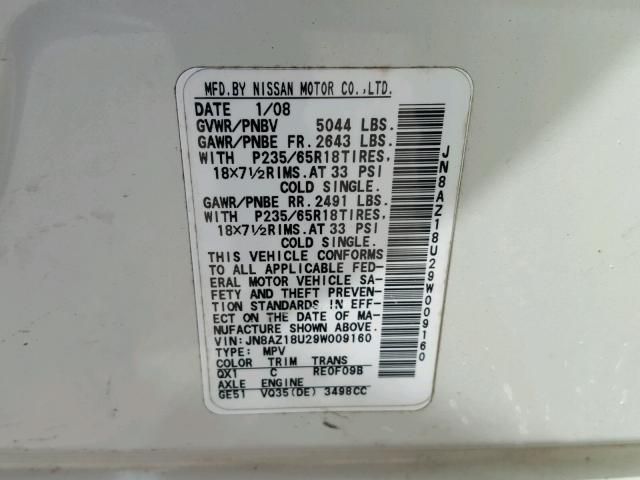 JN8AZ18U29W009160 - 2009 NISSAN MURANO S WHITE photo 10