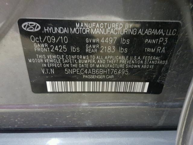 5NPEC4AB6BH176495 - 2011 HYUNDAI SONATA SE GRAY photo 10