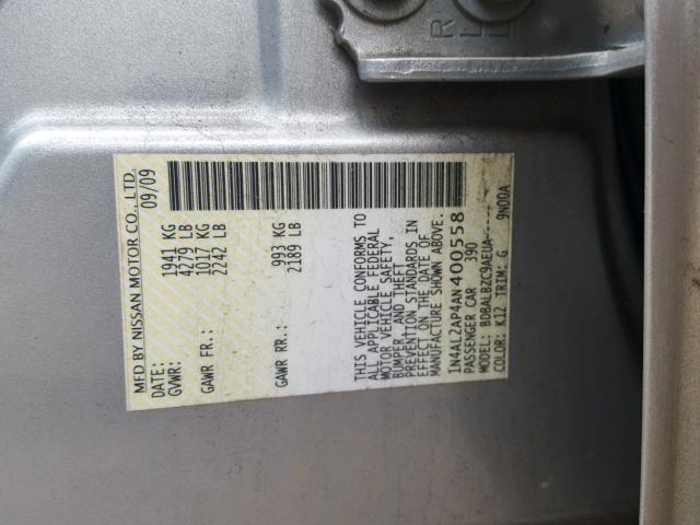 1N4AL2AP4AN400558 - 2010 NISSAN ALTIMA BAS SILVER photo 10