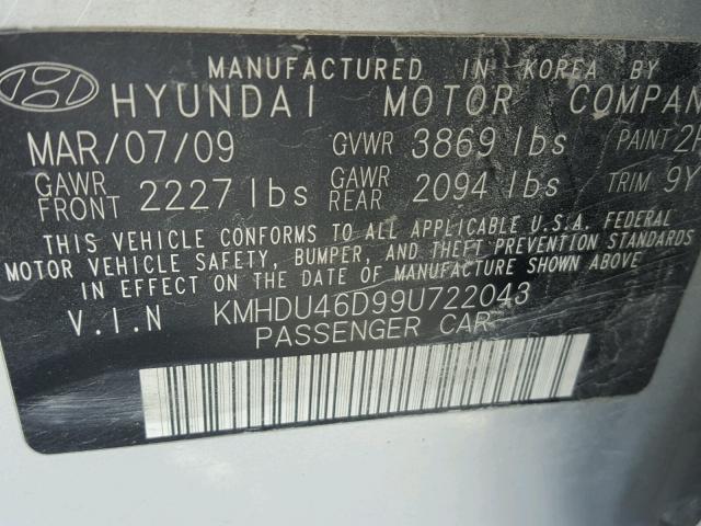 KMHDU46D99U722043 - 2009 HYUNDAI ELANTRA GL GRAY photo 10