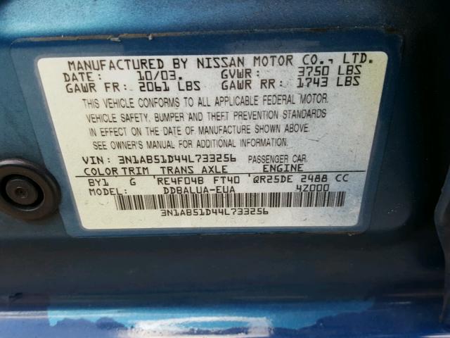 3N1AB51D44L733256 - 2004 NISSAN SENTRA SE- BLUE photo 10