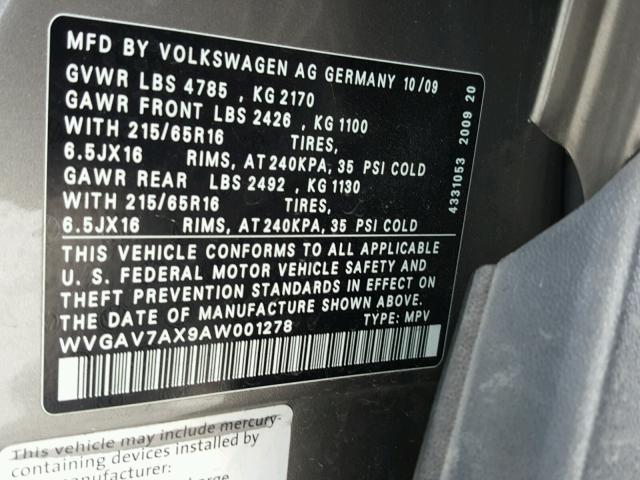 WVGAV7AX9AW001278 - 2010 VOLKSWAGEN TIGUAN S GRAY photo 10