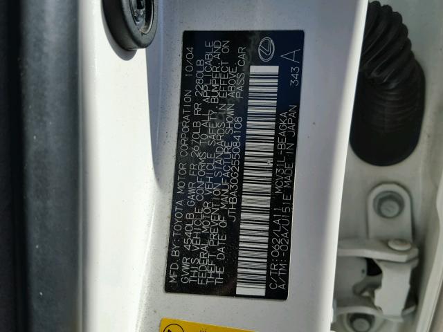 JTHBA30G255084108 - 2005 LEXUS ES 330 WHITE photo 10