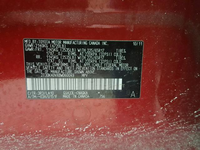 2T3DK4DVXBW060049 - 2011 TOYOTA RAV4 LIMIT RED photo 10