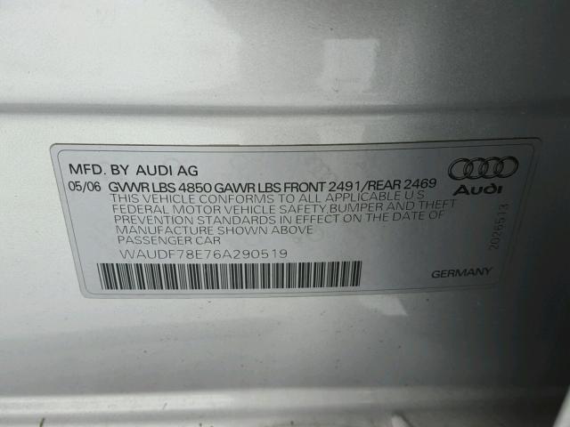 WAUDF78E76A290519 - 2006 AUDI A4 2.0T QU SILVER photo 10