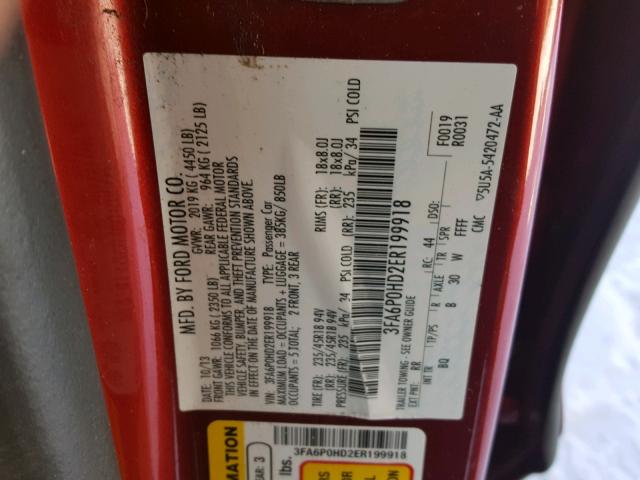 3FA6P0HD2ER199918 - 2014 FORD FUSION SE RED photo 10