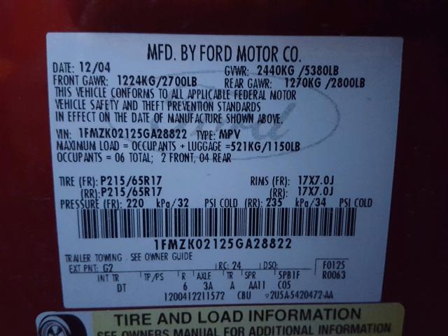 1FMZK02125GA28822 - 2005 FORD FREESTYLE RED photo 10