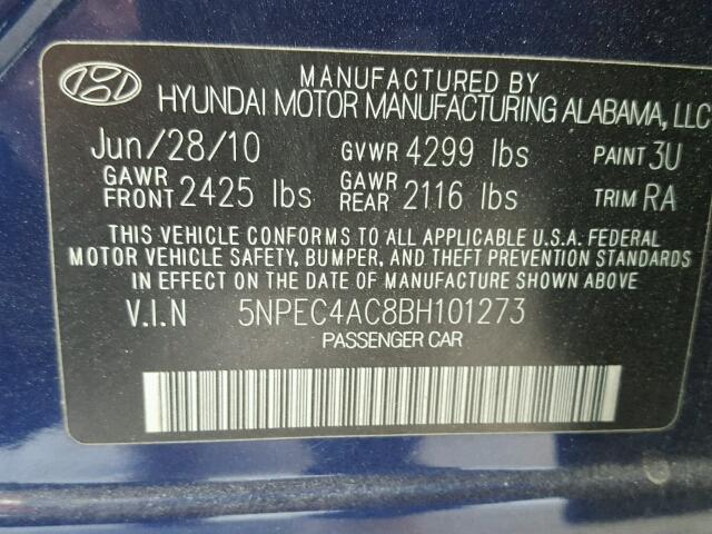 5NPEC4AC8BH101273 - 2011 HYUNDAI SONATA SE BLUE photo 10