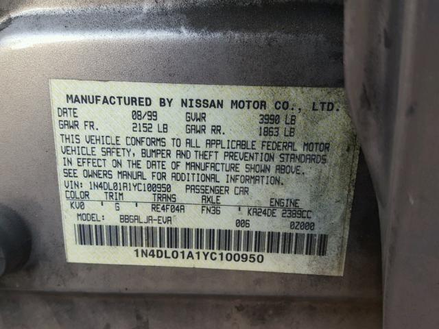 1N4DL01A1YC100950 - 2000 NISSAN ALTIMA XE GRAY photo 10