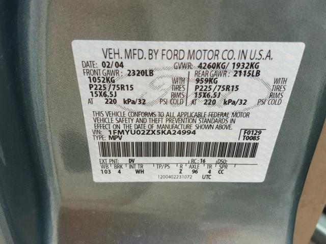 1FMYU02ZX5KA24994 - 2005 FORD ESCAPE XLS GREEN photo 10