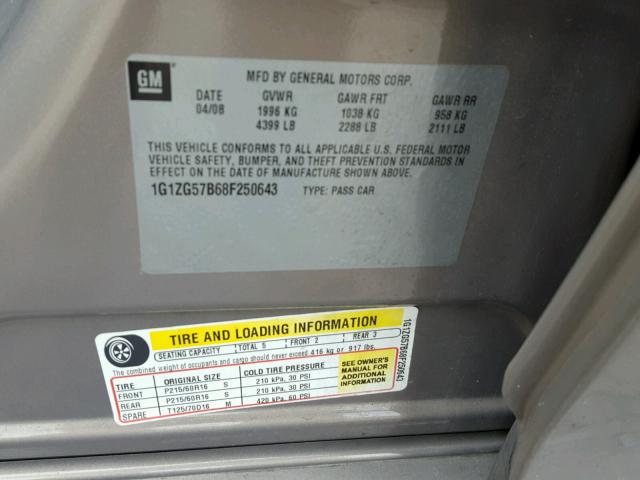 1G1ZG57B68F250643 - 2008 CHEVROLET MALIBU LS 棕色 照片 10