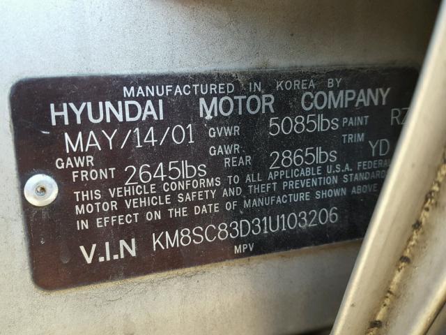 KM8SC83D31U103206 - 2001 HYUNDAI SANTA FE G SILVER photo 10