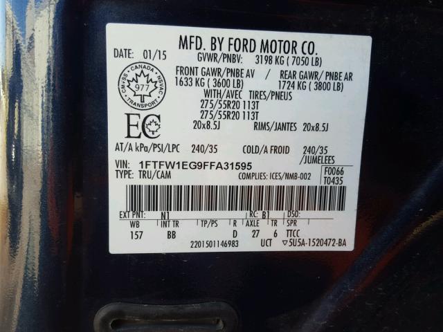 1FTFW1EG9FFA31595 - 2015 FORD F150 SUPER BLUE photo 10