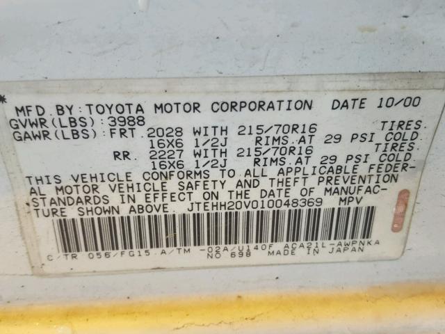 JTEHH20V010048369 - 2001 TOYOTA RAV4 WHITE photo 10