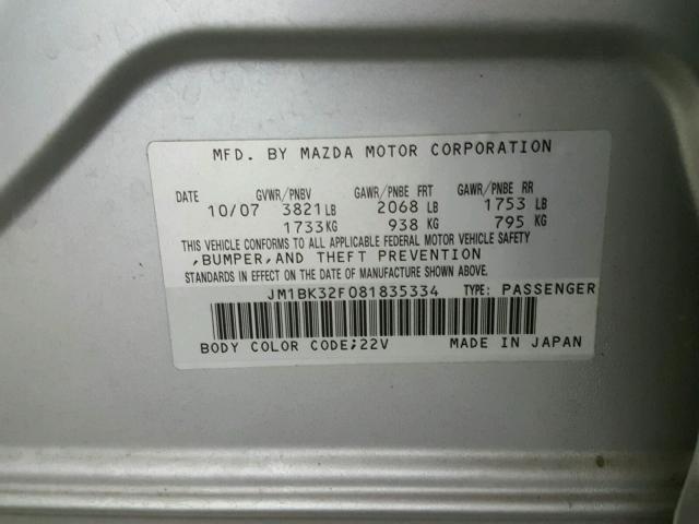 JM1BK32F081835334 - 2008 MAZDA 3 I SILVER photo 10