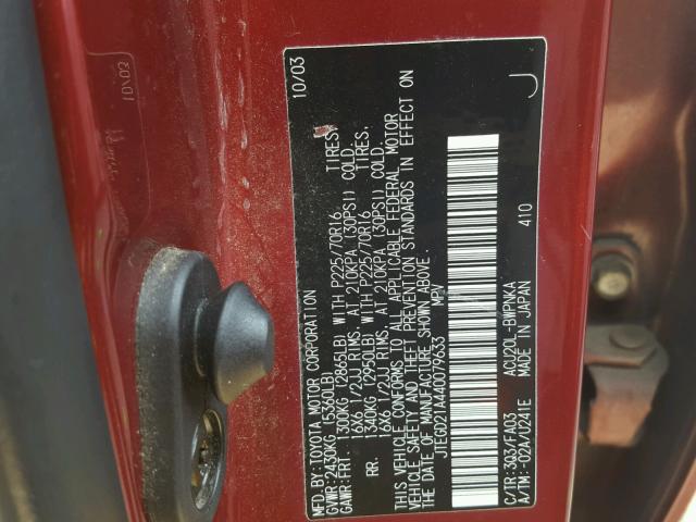 JTEGD21A440079633 - 2004 TOYOTA HIGHLANDER RED photo 10