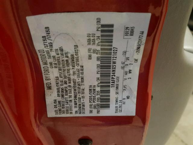 1FAFP34NX5W121027 - 2005 FORD FOCUS ZX4 RED photo 10