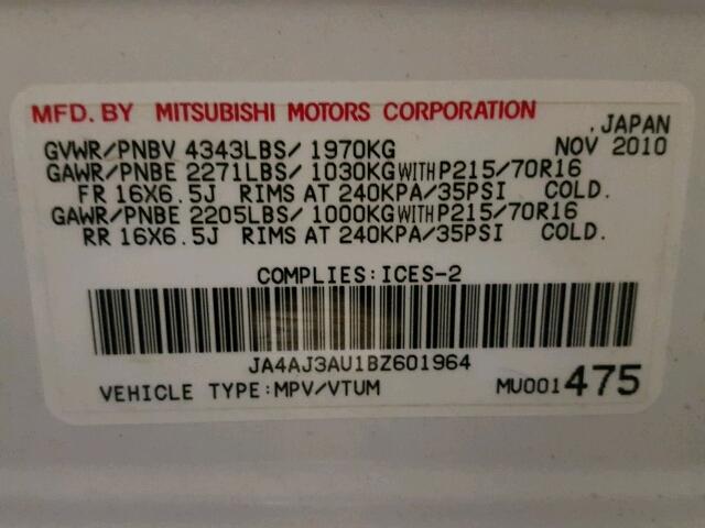 JA4AJ3AU1BZ601964 - 2011 MITSUBISHI RVR SE WHITE photo 10