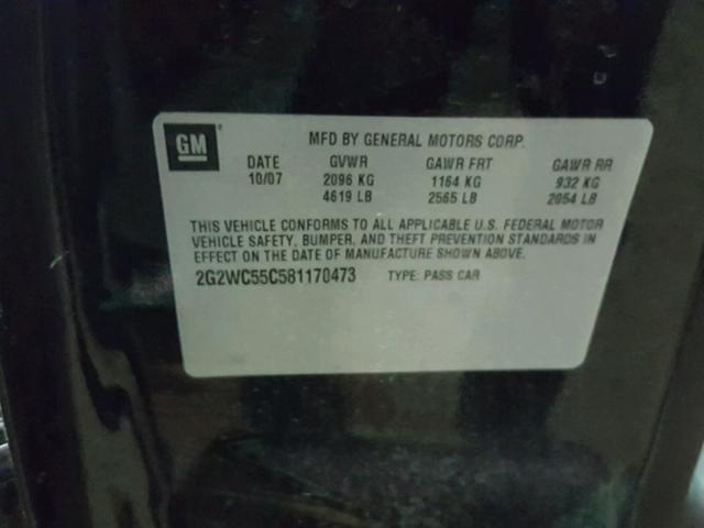 2G2WC55C581170473 - 2008 PONTIAC GRAND PRIX BLACK photo 10