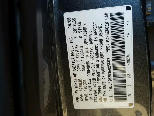 1HGCP26359A025667 - 2009 HONDA ACCORD LX GRAY photo 10