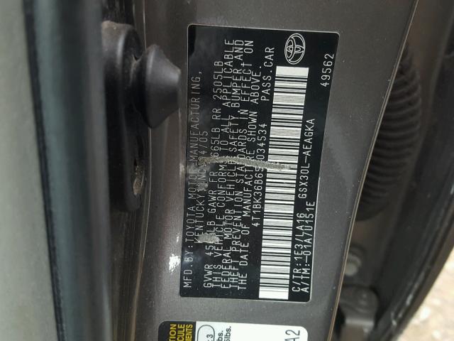 4T1BK36B65U034534 - 2005 TOYOTA AVALON XL GRAY photo 10