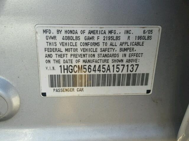 1HGCM56445A157137 - 2005 HONDA ACCORD LX SILVER photo 10