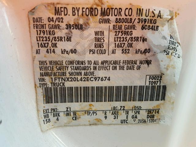 1FTNX20L42EC97674 - 2002 FORD F250 SUPER WHITE photo 10