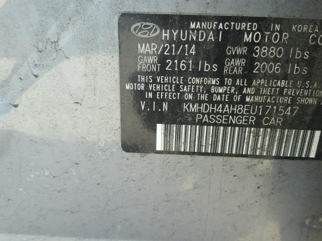 KMHDH4AH8EU171547 - 2014 HYUNDAI ELANTRA SE GRAY photo 10