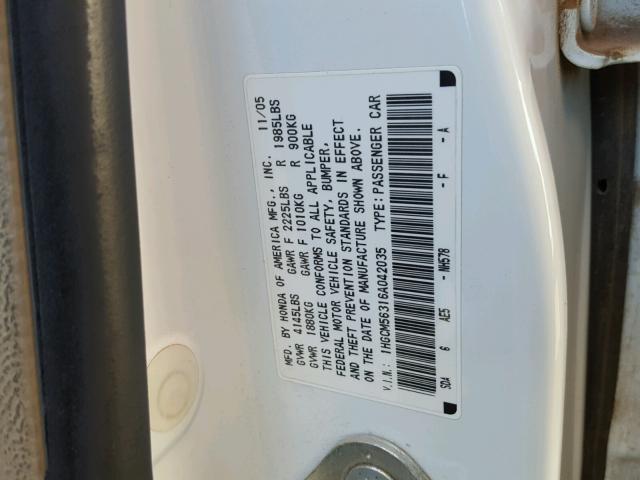 1HGCM56316A042035 - 2006 HONDA ACCORD SE WHITE photo 10