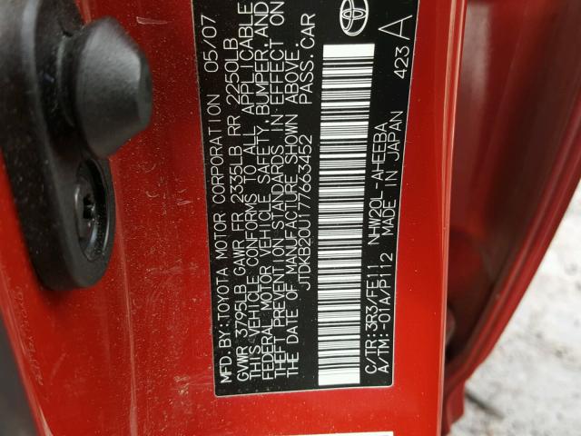 JTDKB20U177663452 - 2007 TOYOTA PRIUS RED photo 10