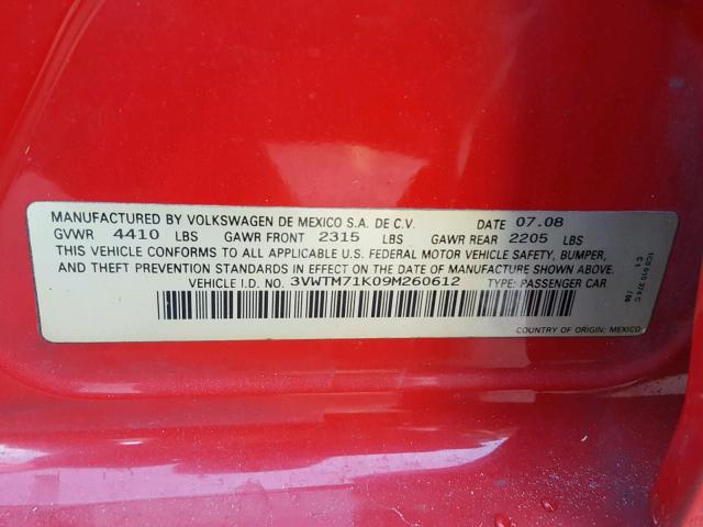 3VWTM71K09M260612 - 2009 VOLKSWAGEN JETTA SE RED photo 10