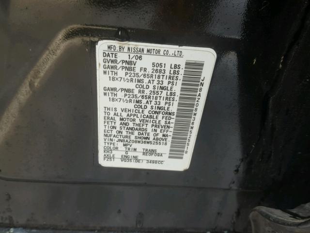 JN8AZ08W36W525518 - 2006 NISSAN MURANO SL BLACK photo 10