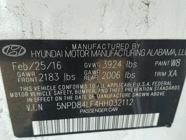 5NPD84LF4HH032112 - 2017 HYUNDAI ELANTRA SE WHITE photo 10