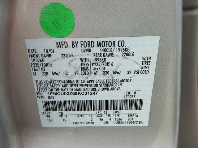 1FMCU02Z68KC01247 - 2008 FORD ESCAPE XLS SILVER photo 10