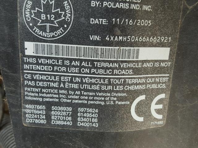 4XAMH50A66A662921 - 2006 POLARIS SPORTSMAN GREEN photo 10