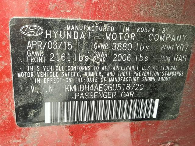 KMHDH4AE0GU518720 - 2016 HYUNDAI ELANTRA SE RED photo 10